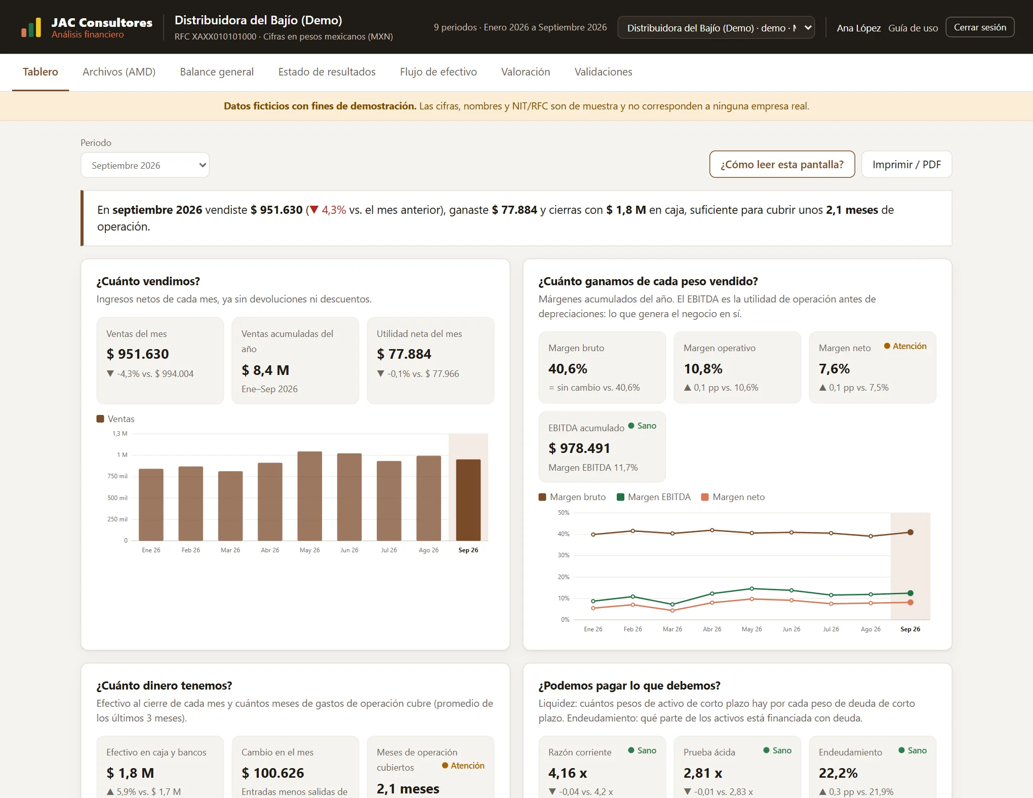 Tablero del dueño: ventas del mes, márgenes, EBITDA y gráficas de tendencia de una empresa de demostración